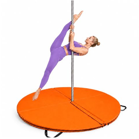JS Ellie Vikbar matta för Pole-Dance (crash-matta), förstärkt rund matta med bärhandtag; säkerhetsmatta av PU-läder för yoga, gymnastik, hemmagym och polträning orange 200 cm/78,74 tum