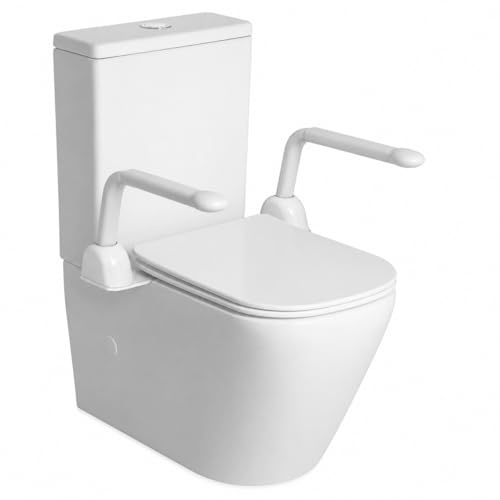Juego de inodoro cerrado de primera calidad con asas de soporte plegable, flujo tornado sin bordes, salida vertical / horizontal universal, asiento de plástico de cierre suave, blanco