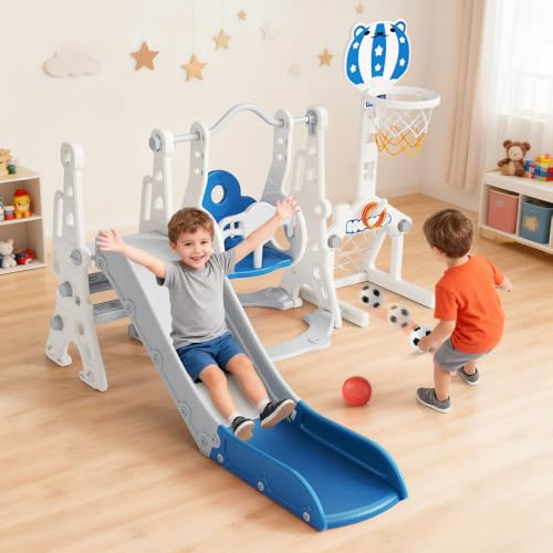 Lischwert Torre Gioco 6-in-1 Scivolo Altalena, Anti-ribaltamento per Bambini da 1 Anno, Scala, Canestro & Porta, Interno Esterno Blu-Rosso