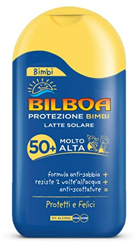 Bilboa, Bimbi Latte Solare Bambini con Protezione SPF 50+ - Latte Solare Senza Alcool - Formula Anti Sabbia, Resistente all'Acqua e Anti Scottature - Dermatologicamente Testato - 200 ml