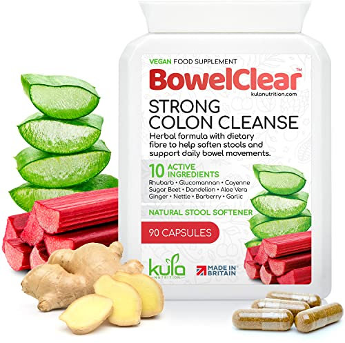 BowelClear Strong Colon Cleanse Detox - Natural Laxatives for Constipation Relief Tablets - Herbal Bowel Cleanse and Stool Softener with Aloe Vera + Fibre for Daily Bowel Support - 90 Vegan Capsules