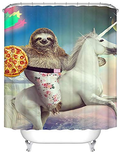 Boyouth 3D Lustiges Faultier Reitpferd mit Pizzamuster Digitaldruck Bad-Duschvorhänge Polyester wasserdichter Stoff Badvorhang mit 12 Haken, 180 x 180 cm, mehrfarbig