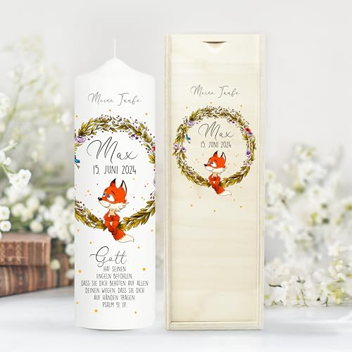 Wandtattoo Loft Taufkerze Blumenkranz mit Fuchs - Kerze zur Taufe, Geburt oder Kommunion – weiß 25 x 7 cm mit Name, Datum, ggf. Taufspruch / / Taufkerze 25 x 7 cm (mit eigenem Taufspruch)