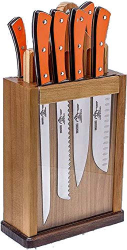 Sonpó Online - Taco Magnético de Madera de Pino, incluye 8 Piezas Serie Phenolkraff Naranja. Juego de cocina, con hojas de acero inoxidable mangos de phenolkraff naranja y madera