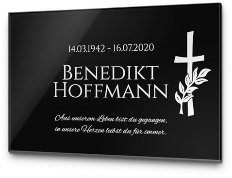 CHRISCK design Gedenkstein Grabstein aus Hochglanz Acrylglas Grabplatte mit Gravur Rosen ab 30x20 cm Gedenktafel für Menschen personalisiert Gedenkplatte Grabschmuck schwarz Andenken wetterfest