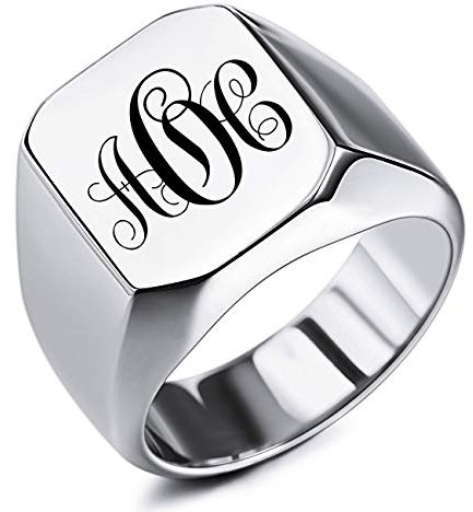 MeMeDIY Benutzerdefinierte Gravur Initialen Monogramm Siegelring für Männer Frauen Jungen Herren Ringe Edelstahl, Bundle mit Ringgrößeneinstellern (Silberfarbe, Größe 75 (23.9))