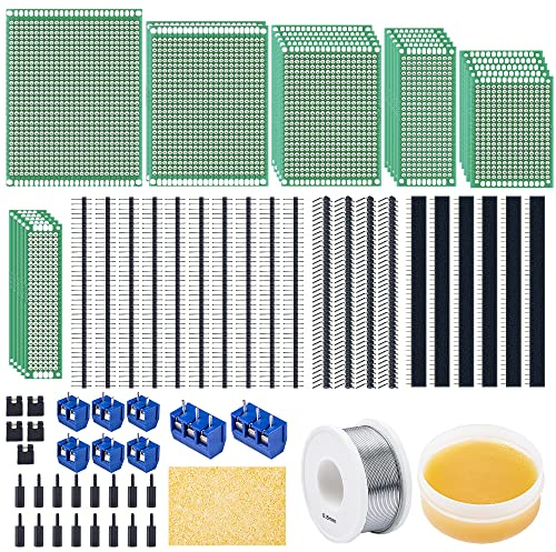 Miuzei 75Stk Lochrasterplatte Kit, 23 Doppelseitig PCB Board Leiterplatte | 23 Platinen in 6 Größen, 20x Header (4 abgewinkelt), 8 Schraubklemmen 2P/3P, 16 Nylonsäulen, 5 Jumper Caps, mit Werkzeug