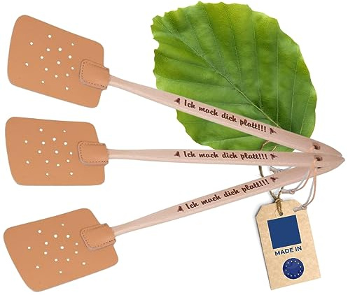 3X HOFMEISTER® Fliegenklatsche aus Buchenholz & Leder, aus Europa, Klatsche mit Spruch Aufdruck: Ich mach Dich platt!!!, praktischer Mücken-Schläger zum Insekten fangen, Mückenfänger, 47,5 cm