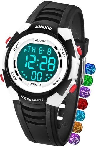 Juboos Kinder Digitaluhren, 7 Farben LED-Licht, Wasserdicht, Alarm, Stoppuhr, Outdoor Armbanduhr für Kinder 5-18 Jahre (Schwarz)