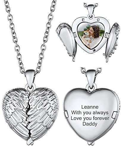 GoldChic Kupfer Medaillon Herz Flügel Anhänger zum Öffnen 21mm Breit Damen/Mädchen Personalisierte Foto Aufklappbar Anhänger Silberfarbe 45cm Lang für Damen,Mädchen,Frauen