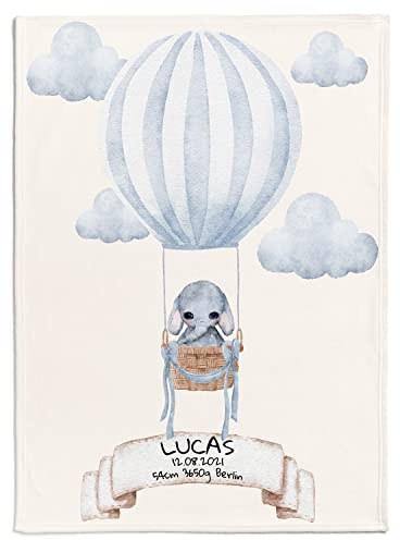 Personalisierte Babydecke mit Wunschtier, Name, Geburtsdatum und Motivfarbe (Ballon)