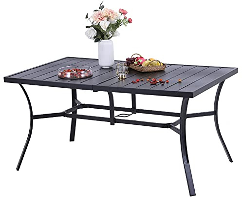 PHI VILLA Gartentisch mit Schirmloch für 6 Personen Terrassentisch Draussen Metalltisch Gartenmöbel 150 * 90 cm Gartentisch Terrassentisch Wetterfest Schwarz | E-Beschichtung Stahlrahmen, Rost und Wetterfest, 4-5cm Schirmloch, für Terrasse und Garten