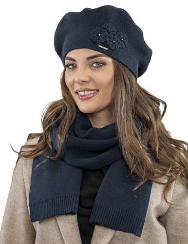 VIVISENCE Damen Mütze Mit Schal Mit Blume Applikation Wärme An Wintertagen 7006, Dunkelblau,Einheitsgröße