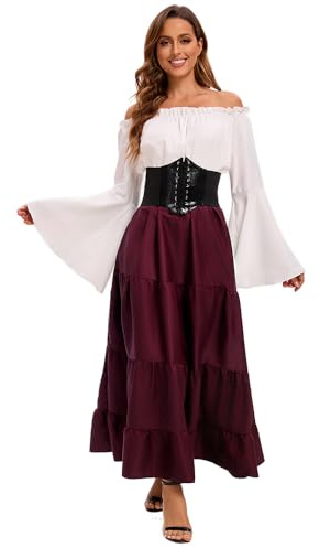 Feynman Robe médiévale rétro pour femme avec manches trompette - Reine victorienne médiévale Renaissance gothique - Robe maxi pour carnaval, Halloween, fête