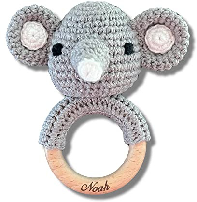 Babyrassel ELEFANT (klein) gehäkelt personalisiert/ohne Personalisierung (Personalisiert)