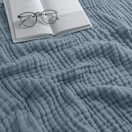 Comfy Cubs Queen Musselin-Decke, extra groß, 228,6 x 228,6 cm, 6 Schichten kühlende Baumwolle, weich, atmungsaktiv und warm, Überwurf für Schlafzimmer, Wohnzimmer, Couch (Pazifikblau)