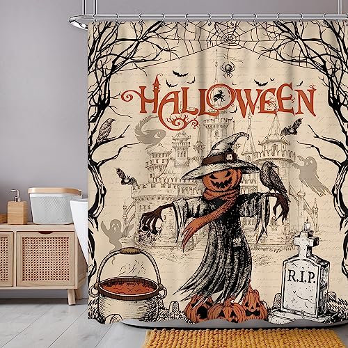 Newsely Rideau de douche d'Halloween 152,4 x 183 cm (l x H) - Style gothique vintage - Château citrouille - Tête de mort - Toile d'araignée - Rideau de douche pour salle de bain - Étanche -