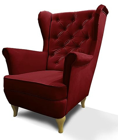 Mars Meble Ohrensessel aus Velours, Sessel mit Holzbeine, Wohnzimmersessel mit Wellenfedern, Elegant und Bequem (Stoff: Kronos 02 - kastanienrot)