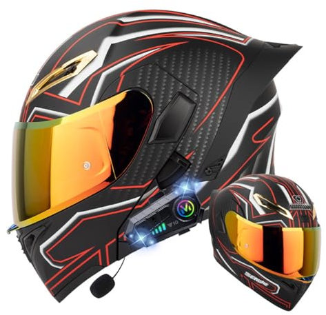 RQTEUYE Klapphelm mit Bluetooth, Bluetooth Integralhelm Motorradhelm mit Doppelvisier, ECE Zertifiziert Hohe Qualität Helm, Verschiedene farbige Linsen, für Frauen Männer（22.4-25.2in）