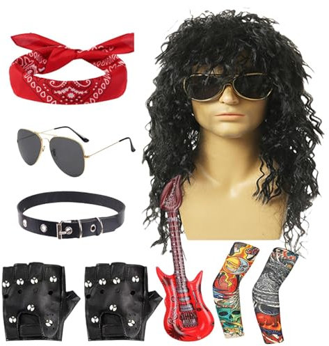 80s Rocker Costume,70s 80s Rocker Wigs Men Hippie Wig With Bandana Sunglasses | Halloween 80s Rocker Star Costume Set For Disco, Rock Concert, Carnival Outfit