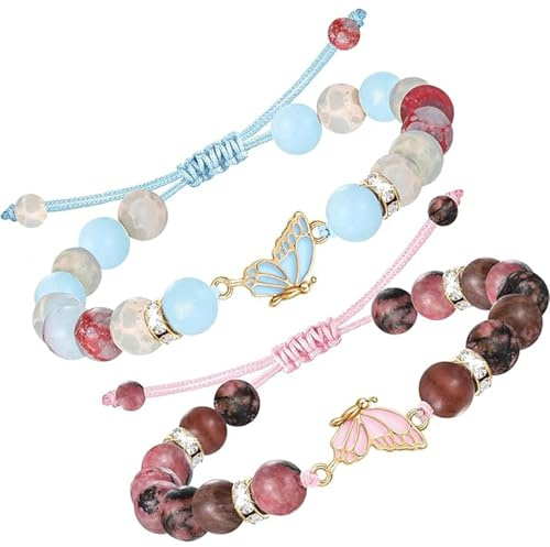 Mezrkuwr 2 Stück Armband Schmetterling aus natürlicher Stein, Paar Armband, BFF armband, Verstellbarer Strang, Freundschaftsarmbänder, Geschenke für Paare (Blau/Rosa)