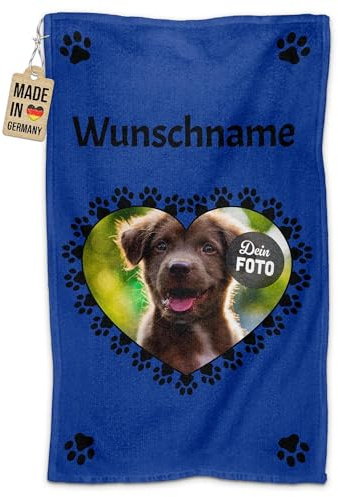 Print Royal PR Personalisiertes Hundehandtuch mit Foto & Name selbst gestalten - Pfoten-Herz - Pfotentuch für Hunde, Haustier-Handtuch | Fotohandtuch, 50 x 30 cm blau