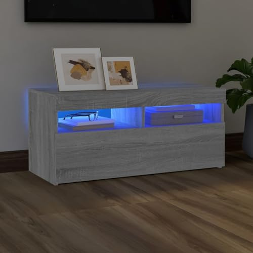 Lalfkkii Meuble TV moderne, support pour TV avec lumières LED, meuble multimédia pour salon, chambre à coucher ou espace de divertissement, meubles d'intérieur gris Sonoma 90 x 35 x 40 cm