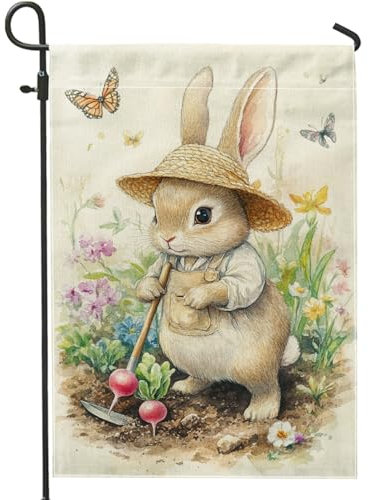 Frühlingshasen-Gartenflagge, niedliches Kaninchen mit Strohhut, Blumendekoration, doppelseitig, Jute, Frühlingsdekoration für Outdoor-Rasen und Gartenparty, 30,5 x 45,7 cm