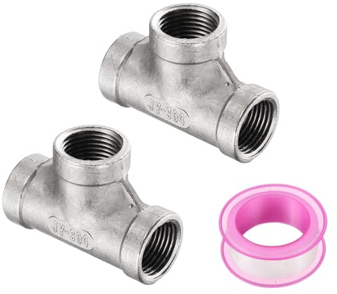 sourcing map 2 Pcs 304 Stainless Steel Tee Pipe Fittings G3/8 Female Tee Adapter 3 Way t Shaped Cast Pipe Fitting Connector with Seal Tape for Plumbing Drainage Pipes Heating Systems