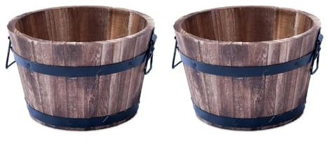 shopior Rustic Round Burnt Wood Whiskey Barrel Planter – Outdoor Wooden Garden Plant Pot with Handles – Weatherproof Flower Tub with Drainage – Decorative Patio & Balcony Planter (24cm 9inch 2Pack)
