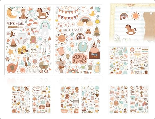 Emezddo 204 Stück Babyalbum Sticker,Kinder Fotoalben Aufkleber,verwendet für Mädchen Junge Scrapbooking Babyshower Dekoration Notizbuch Einladungskarten Möbel Glas(Braun)