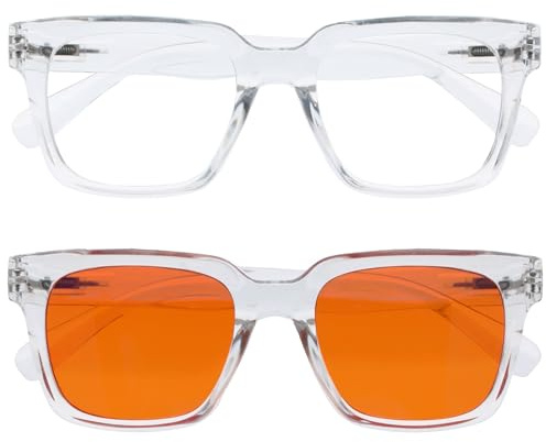 OPULIZERA Gafas luz azul mujer y hombre - Lentes transparentes y naranjas - Antirreflectante y Antideslumbrante UV400 - Paquete de 2 - Claro