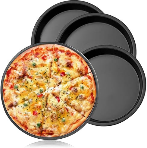Unpoten Teglia per pizza rotonda, 4 teglie per pizza, in acciaio al carbonio, con rivestimento antiaderente, per cottura e servire, durevole e facile da pulire (28 cm)