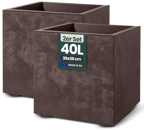 Kreher 2 x XL Pflanzkübel 'Millennium' in verschiedenen Formaten/Farben. Tolle Naturstein Optik in Anthrazit, Grau, Creme Weiß oder Braun! Aus robustem Kunststoff. (Braun, 2 x 40 Liter Eckig)