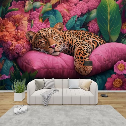 PaxGloz Fototapete Leopard Tapete Tropische Blumen Tapeten Vliestapete Modern Wandtapete Wohnzimmer Schlafzimmer Kinderzimmer Wanddeko Motivtapeten 350 x 256 cm (B x H)