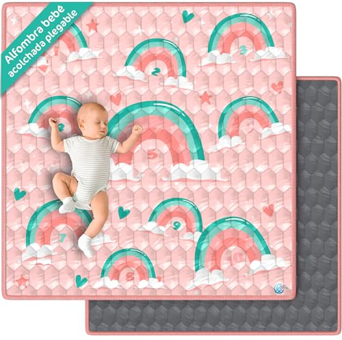 Alfombra Bebé Acolchada Plegable Antideslizante y Lavable 127x127 cm perfecta para Juegos y Gateo para Suelo Tapete Algodón Suave Actividades Montessori + Estimulación Sensorial Infantil | VALBABY