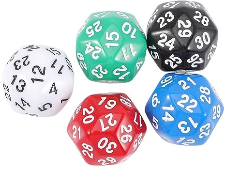 FUNNETOYU Dadi a 30 Facce Acrilici Numerati Per Giochi Di Festa e Interazione Genitore-figlio, Set Da 5 Pezzi Colorati Per Divertimento e Oggetti Di Scena Fotografici