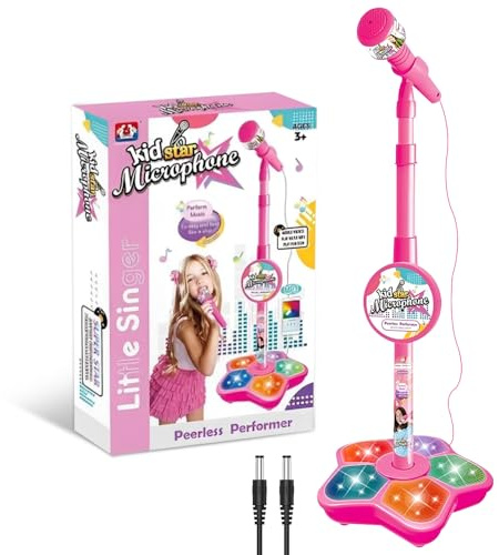WDKXCN Kids Microphone and Stand, Adjustable Height Microphone Stand for Kids with Flashing Stage Lights, Stand Up Kid Karaoke Machines for Girls Boys Birthday Gift, Party Pastime (Pink)