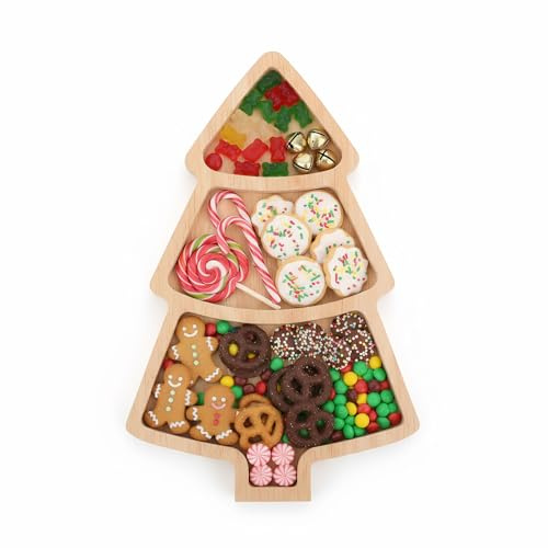 Didiseaon Plateau de service en bois de Noël : vaisselle en bois pour sapin de Noël, plateau de service divisé, plateau de nourriture de fête, plateau de collation, plat à dessert, plat à bonbons pour