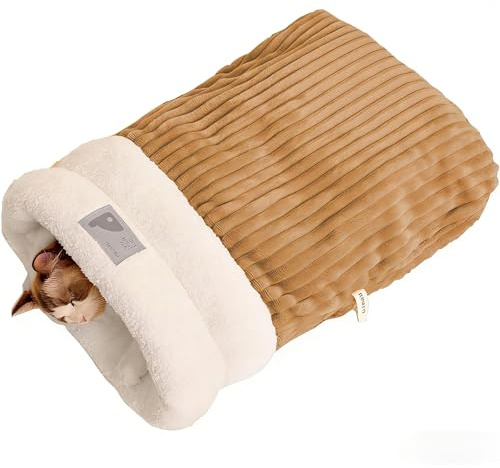 LSYZHX Cat Sleeping Bag, Soft Comfortable Winter Cave Bed Nest for Cats and Dogs up to 6 Pounds, Made of Cotton, Size M Brown