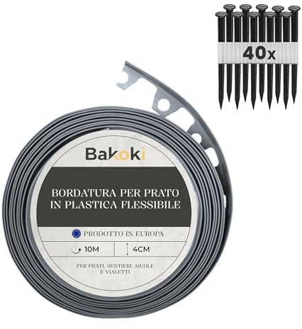 BAKOKI Bordo flessibile per prato (10 m | 40 ancoraggi | 4 cm di altezza) grigio plastica resistente alle intemperie – bordatura per aiuole – bordo per aiuole – bordo per tagliaerba