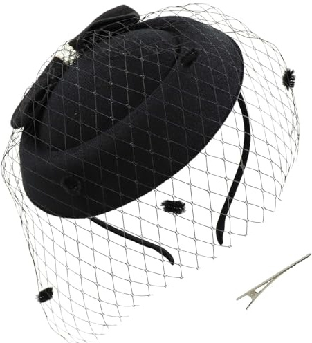 Svart fascinator, 1940-tals retro rosett sidoklämma pillerlåda hattar slöja pannband gasväv fascinator för kvinnor tebjudning bröllop svart