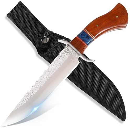 GER-SABER Outdoormesser 32cm – Drop-Point Klinge mit Hammerschlag-Verzierung, Klassischer Handschutz aus Edelstahl, Mehrfarbiger Holz-Griff mit Blau, Robuster Camping Begleiter