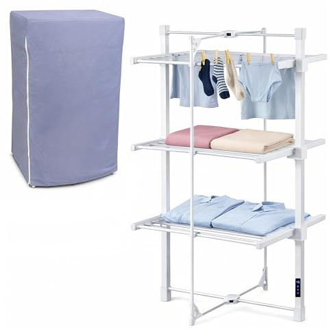 HOUSZY Large 3-Tier Electric Clothes Airer with Cover, Timer, Hooks | Heated drying rack, smart timer, foldable. Electric clothes dryer for indoor laundry.