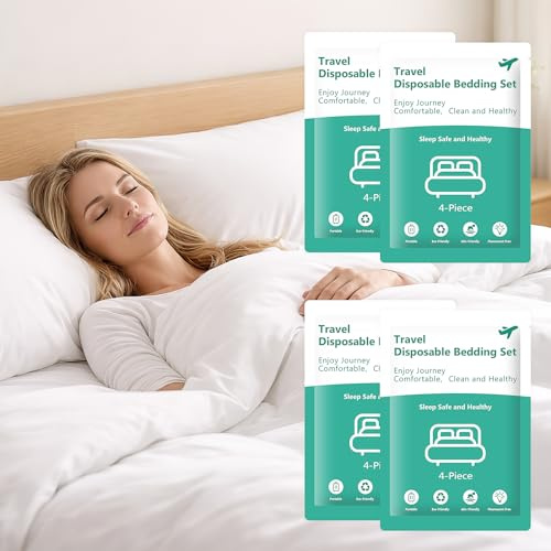 OJMHD 4 Pack Einweg Bettwäsche Set für Reise, King Size Hotels Einweg Bettbezug mit Bettlaken & Kissenbezüg, Einzeln Verpackt Weiße Einmal Bettwäscheset für Camping Hospital Geschäft, Vliesstoff