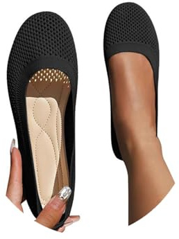 Women's Wide Fit Knit Ballet Flats Slip-On Work Shoes Office Comfort Pumps Round Toe Breathable Stretch-Knit Solid Colour Dress Flats Dance Shoes