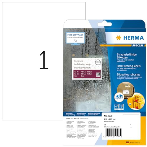 HERMA 4698 Wetterfeste Folienetiketten, 25 Blatt, 210 x 297 mm, 1 pro A4 Bogen, 25 Stück, selbstklebend, bedruckbar, matt, blanko Klebeetiketten Aufkleber aus Folie, weiß