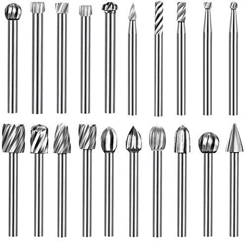 Hakkin Wood Carving Tools 20Pcs Tungsten Carbide Rotary Burr Set for Rotary Tool Wood Carving Drill Bits with 3mm Shank Rotary Tools Accessories for DIY Woodworking Engraving Grooving Polishing