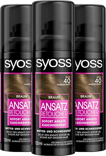 Syoss Ansatz Retoucher Kaschierspray Braun Stufe 1 (3 x 120 ml), Ansatzspray deckt helleren und grau nachwachsenden Ansatz ab, Ansatzfarbe hält bis zur nächsten Haarwäsche
