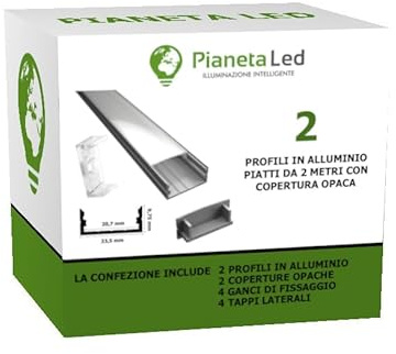PROFILO IN ALLUMINIO LP1030 IN BARRE DA 2 METRI PER DOPPIA STRISCIA A LED CON COVER OPACA O TRASPARENTE TAPPI E GANCI DI MONTAGGIO INCLUSI (2 BARRE DA 2 MT (4MT), COVER OPACA)